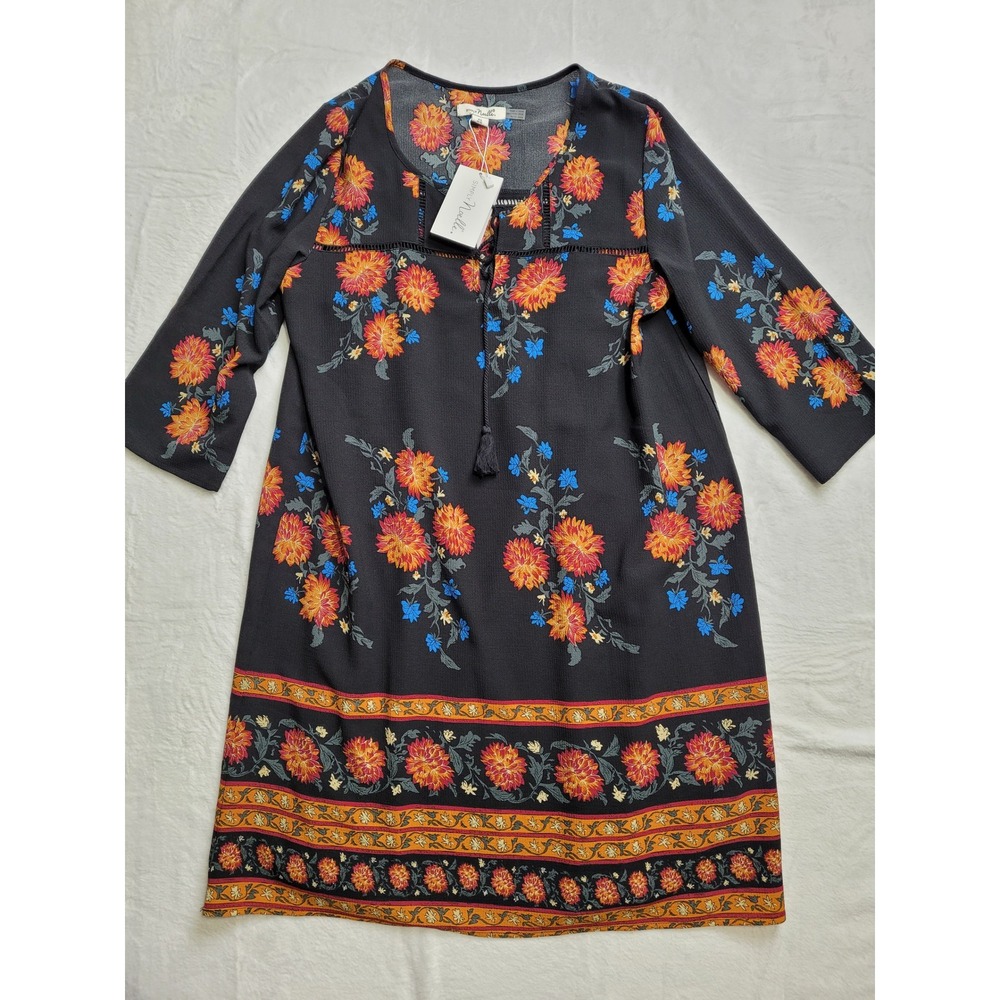 NWT Simply Noelle Shift Dress Women XS Black Floral Boho Tassel Split Neck